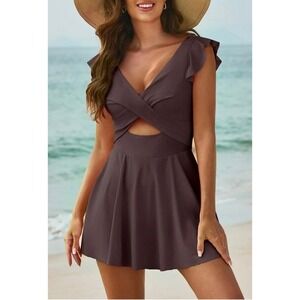 NEW Cupshe Brown Ruffled Swim Dress Skirted One Piece‎ Swimsuit Size Medium